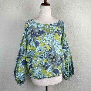 Bryn Walker M Organic Cotton Blouse Retro Floral Blue Balloon Sleeve Dopamine